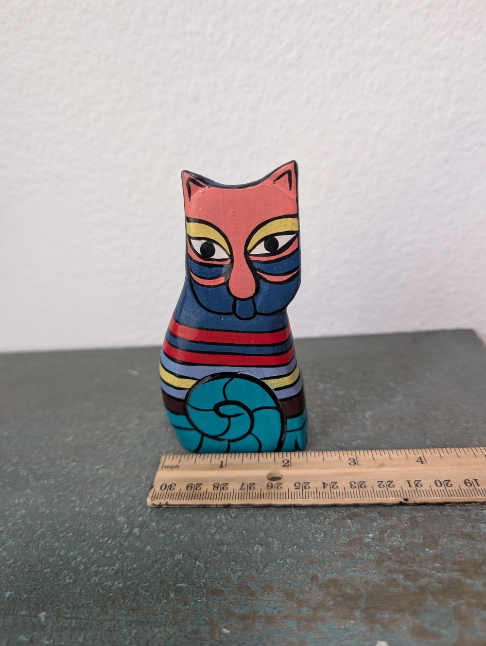 Vintage Laurel Burch Style Hand Painted & Carved Wood Colorful Cat Sculpture - Picture 6 of 7